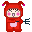 Two pixelated red figures with pink cheeks and jester hats holding pitchforks, one with mouth open, one with mouth closed.
