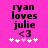 A bright pink background displays black text reading 'ryan loves julie <3' with a of white and light pink pixelated hearts below