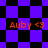Pixelated buddy icon with orange text 'Auby <3' over purple and black checkered backgrounds in two distinct patterns.
