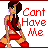 Pixelated character in red outfit with dark hair, standing beside bold red text reading 'Cant Have Me' on white background.