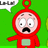 Pixelated red character with large white eyes, black mustache, and green square on chest against solid green background.