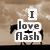 A pixelated animation shows a black horse silhouette walking left to right against a beige sky with white clouds, with text "I love Flash" overlaid on the left side.