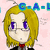 Pixelated anime-style character with blonde hair, purple eyes, and a red bow tie against pink background.