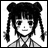 Black-and-white pixelated image of a character with twin buns and braided pigtails, next to stylized text on a black background.