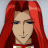 Pixelated portrait of a figure with long red hair, blue eyes, and neutral expression against light gray background.