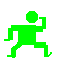 Green pixelated figures in various poses on a gray background, each figure with circular head and no facial features.