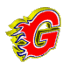Red and yellow stylized 'G' with blue flame accents, rendered in 3D with visible rotation and animation frames showing different angles.