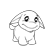 Pixelated grayscale character with large round eyes, a wide smile, and floppy ears holding an object resembling a hammer or club.