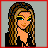 Pixel art of a woman with long brown hair, yellow eyeshadow, and a black lace-up top, shown in multiple cropped views including full body, torso, and feet.