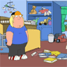 Animated sequence showing a cartoon character in a blue shirt and orange cap reacting to falling books, ending with the character lying on the floor.