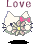 Pixelated Hello Kitty avatar with pink bow, floral chest design, and black whiskers on gray background; text 'Love' above left icon, 'ICQ' above right.
