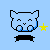 Pixelated blue cat head with closed eyes and small nose, two yellow stars between two identical cat heads on light blue background.