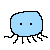 Two static frames of a pixelated blue jellyfish-like character with black eyes and tentacles on a gray background.