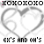 A repeating pattern of heart shapes with swirling lines and scattered pink dots, overlaid by alternating of text reading "ex's and oh's" and "xoxoxo" in black font