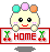 Pixelated character with pastel-colored hair holds a red-bordered sign reading 'HOME' flanked by cherry symbols.