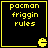 Four identical black square with yellow borders display yellow pixelated text 'pacman friggin rules' and a yellow Pac-Man ghost icon in the bottom-right corner of each
