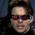 A person with brown hair wears dark clothing and red-tinted glasses with a white horizontal bar across the lenses, shown in six with varying lens brightness and background color