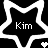 Black and white pixelated star-shaped icon with 'Kim' text inside left star, two small heart shapes at bottom center-right.