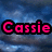 Pixelated text 'Cassie' in bright pink with black outline against blue gradient background.