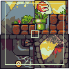 Pixel art scene showing a green plant with red mouth, brown pots, yellow coins, and stone structures in a game environment.