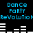 Pixelated blue text and white audio waveforms on black background, with repeated 'Dance Party Revolution' text in two