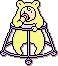 Pixelated character in yellow bear costume with purple accents, holding a pink object near its face on the left frame and at chest level on the right frame.