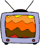 Five cartoon-style television sets with purple frames and red knobs display layered wavy color bands in varying sequences.