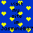 Blue background with yellow pixelated hearts and repeated black text reading 'visit my site in JasmineB37' in a pattern