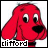 A 48x48 pixel animated contact sheet showing two frames of a red cartoon dog with large eyes and black nose, labeled "clifford" at the bottom.