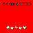 Red background with black text "Scuz(3333" at top, five white and one pink pixelated heart icons arranged in two below