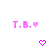 Pixelated pink text 'T.B.' with a heart symbol appears in multiple positions on white background, some hearts change to downward arrows