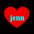 Four red heart shapes with cyan text 'jenn' on black background, two hearts appear slightly larger than the other two.