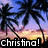 A pixelated sunset scene with palm trees silhouetted against a gradient sky, featuring the text 'christina!' in white block letters on a black background.