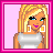 Pixel art contact sheet showing four frames of a cartoon character with blonde hair, silver top, white pants, and black belt on pink background.
