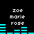 Pixelated text 'zoe', 'marie', 'rose' in white appears above cyan bar graphs on black background, with bar graph heights changing across frames.