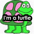 Green turtle with pink shell segments, smiling face, and text overlays in three variations.