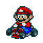 Pixel art Mario in red cap and blue overalls driving a small go-kart, shown from multiple angles including front, side, back, and three-quarter views.