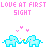 Pixel art animation of two light blue elephants holding trunks with pink hearts floating above them, text "LOVE AT FIRST SIGHT" in pink at top.