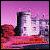 Pixelated image of a ship with a tall smokestack against a pink and purple sky, red and orange water below.