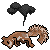 Pixel art of a brown and white animal with spiky fur, shown in three distinct poses across two against gray background