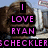 A pixelated image of a person with brown hair wearing a light blue shirt, overlaid with bold pink text reading "I LOVE RYAN SCHECKLER" on black rectangular backgrounds.