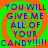 Four identical display blue text on a green and orange spiral background with repeated candy demand message