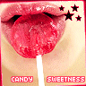 identical static images showing a person's mouth with a red lollipop, pink lips, and black stars above, with 'CANDY' and 'SWEETNESS' text below