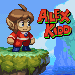 Pixel art character with brown hair and pointed ears stands on a grassy cliff edge, next to large red text reading 'ALEX KIDD' against a blue sky background.