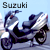 A 2x2 contact sheet of a silver Suzuki scooter animation frame sequence with visible text overlays and partial website branding.