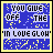 Blue background with yellow speckles and text 'YOU GIVE OFF THE IN LOVE GLOW' in pixelated font, bordered by yellow frame.