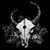 Pixelated grayscale icon of a cow skull with curved horns against black background, surrounded by abstract smoky or leaf-like shapes.