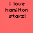 A static image with four identical text blocks on a solid coral background, each displaying 'i love hamilton starz!' in black pixelated font.