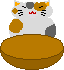 Pixelated cartoon cat with white, orange, and gray fur holds a brown bowl that changes from empty to containing fish.