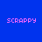 Pixelated pink text 'SCRAPPY' on blue background with green gradient halos in four quadrants.